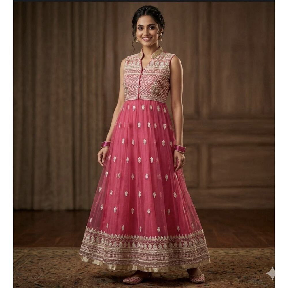 Boutique Embroidered Net Anarkali Gown XL Vibrant Pink/Gold Wedding Guest Dress